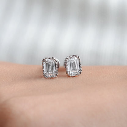 Emerald Cut Lab Diamond Milgrain Set Stud Earrings Earrings