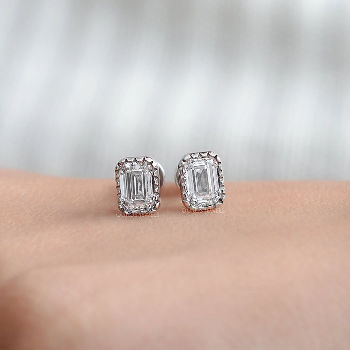 Emerald Cut Lab Diamond Milgrain Set Stud Earrings