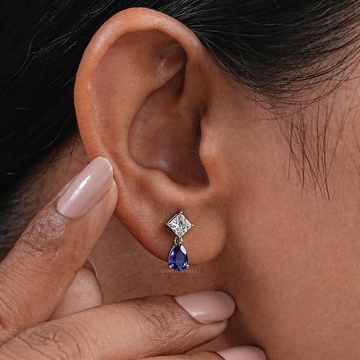 Pear Sapphire and Princess Cut Diamond Earrings