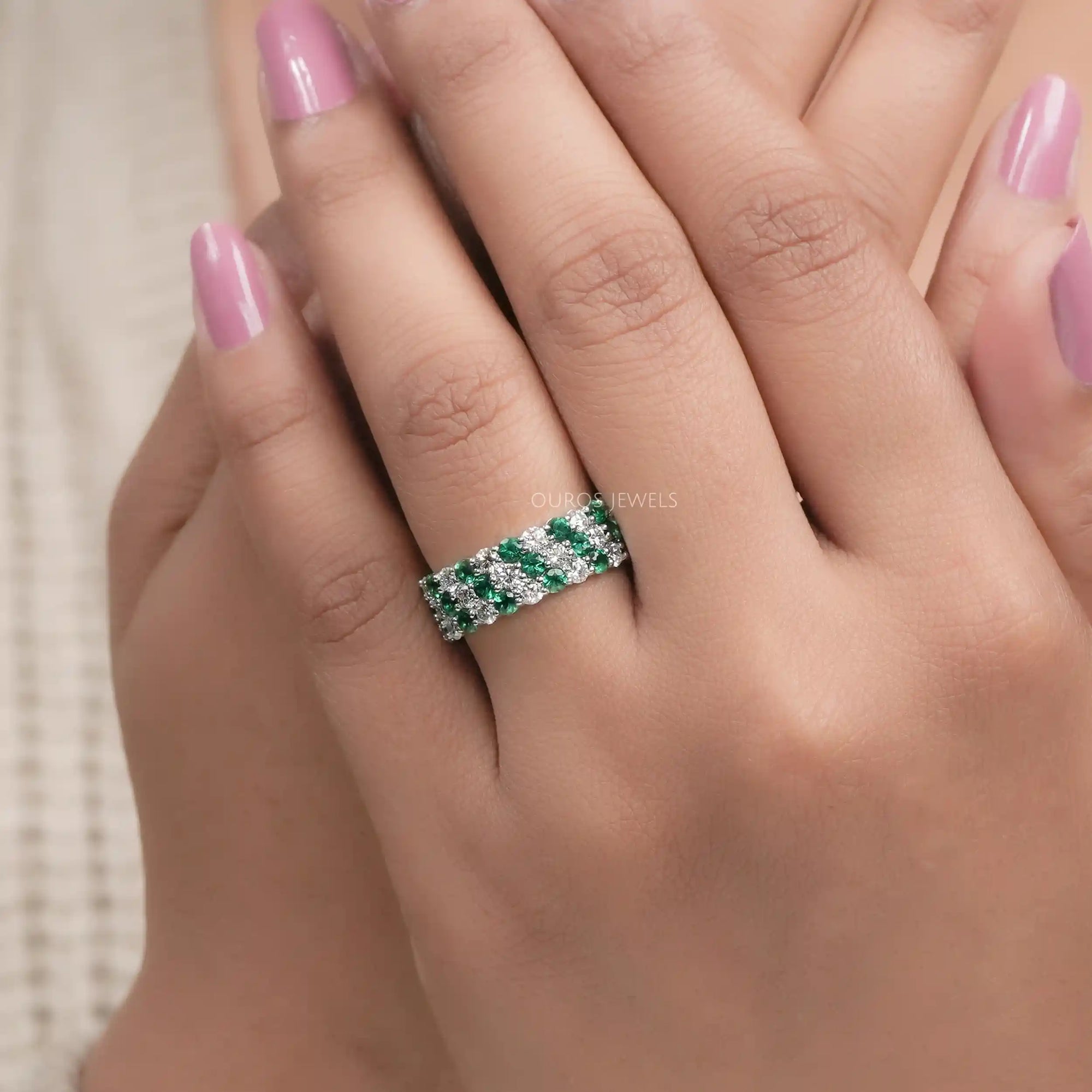 Three Row Emerald Gem And Diamond Wedding Band