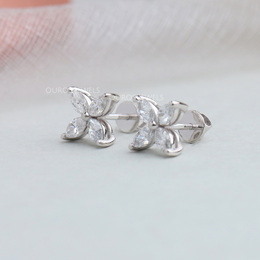 side view of flower marquise cut lab diamond white gold stud earrings