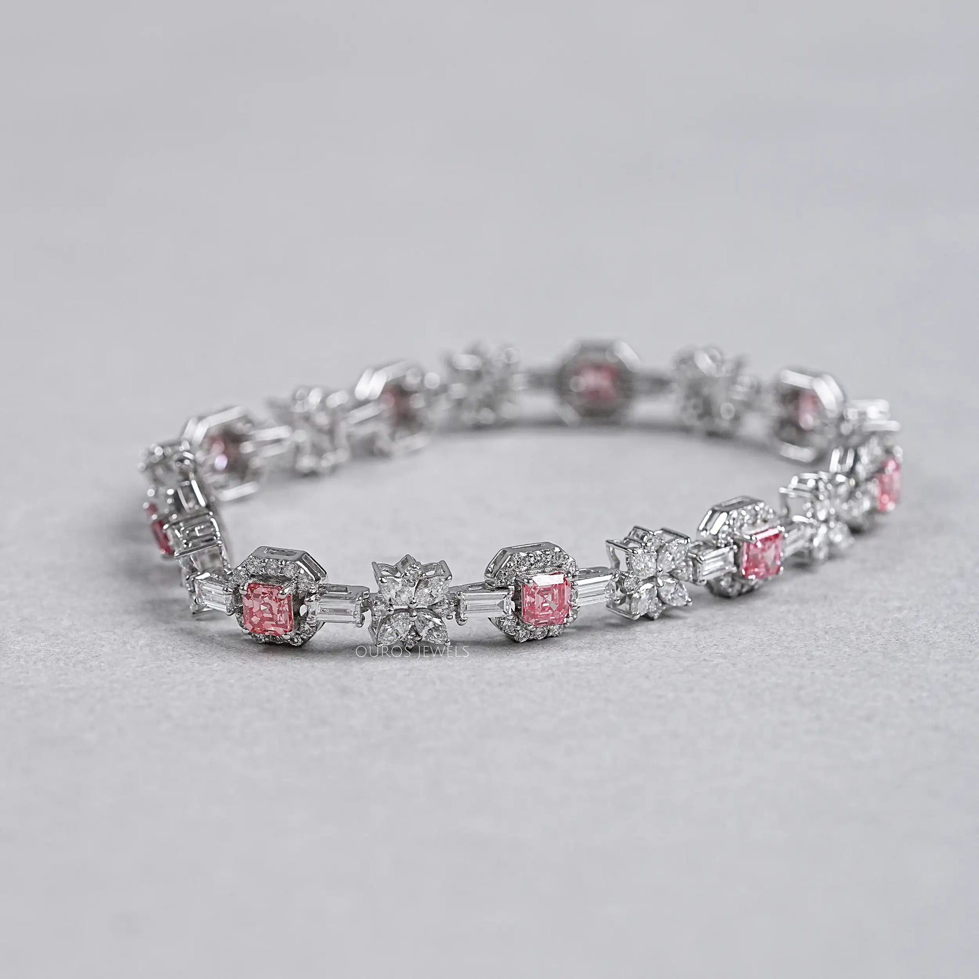 Flower And Pink Asscher Diamond Tennis Bracelet Bracelet