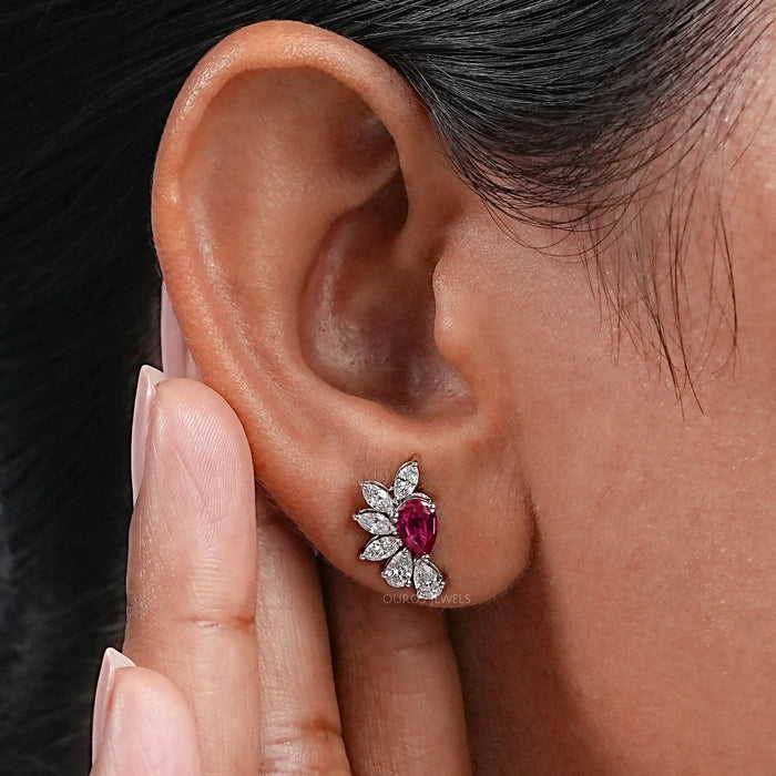 Pear Ruby Gemstone And Marquise Diamond Earrings 