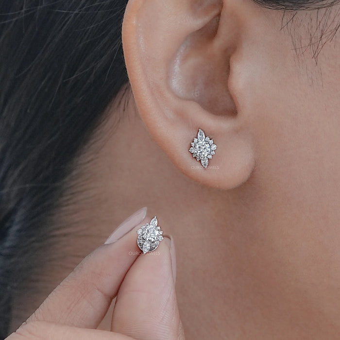 Round And Marquise Diamond Cluster Stud Earrings