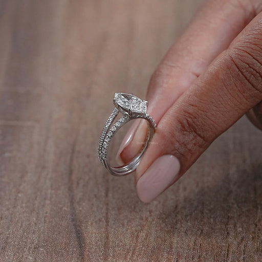 side view of marquise-cut lab diamond solitaire bridal ring with white gold band