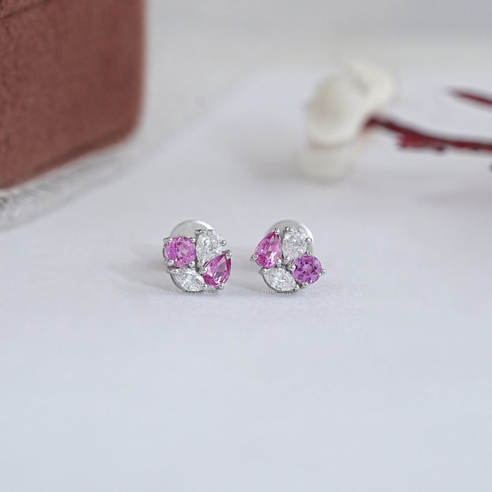 Pink Pear And Round Diamond Cluster Earrings