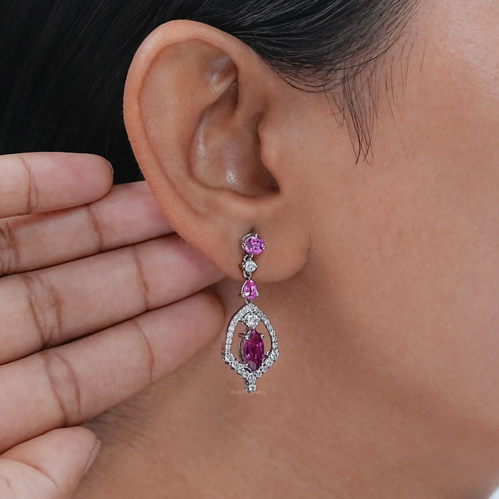 Pink Sapphire Marquise Cut Cluster Diamond Dangle Earrings