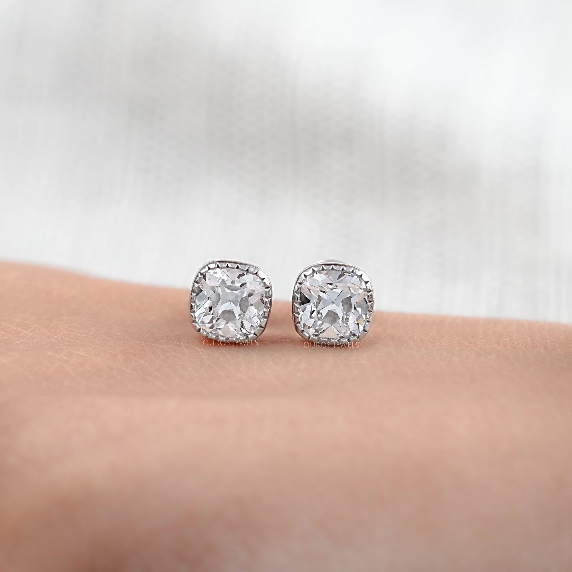 Square Old Mine Cushion Diamond Milgrain Stud Earrings Earrings