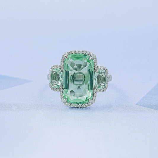 Trilogy Mint Green Cushion Gemstone Halo Ring Ring