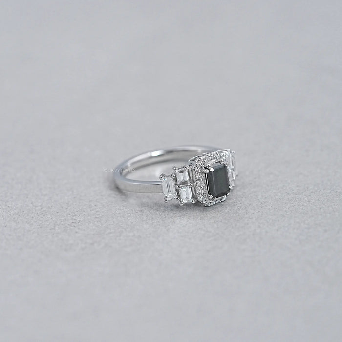 Black Emerald Cut Halo Diamond Engagement Ring