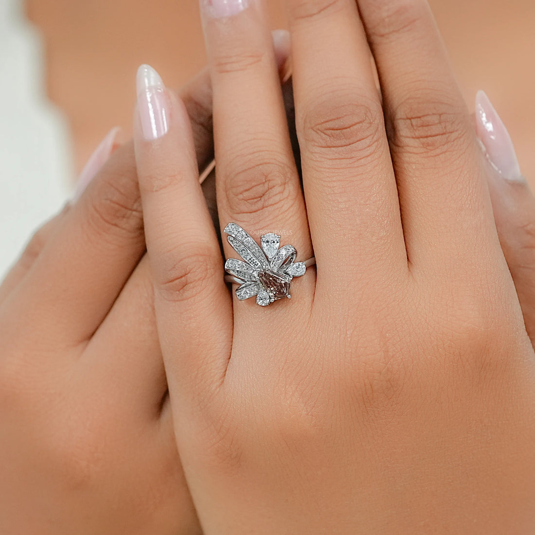Champagne Step Cut Shield Diamond Floral Cocktail Ring Ring