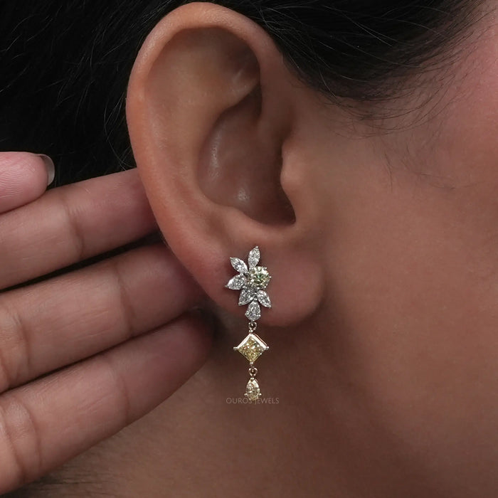 Yellow And White Diamond Floral Drop Earrings