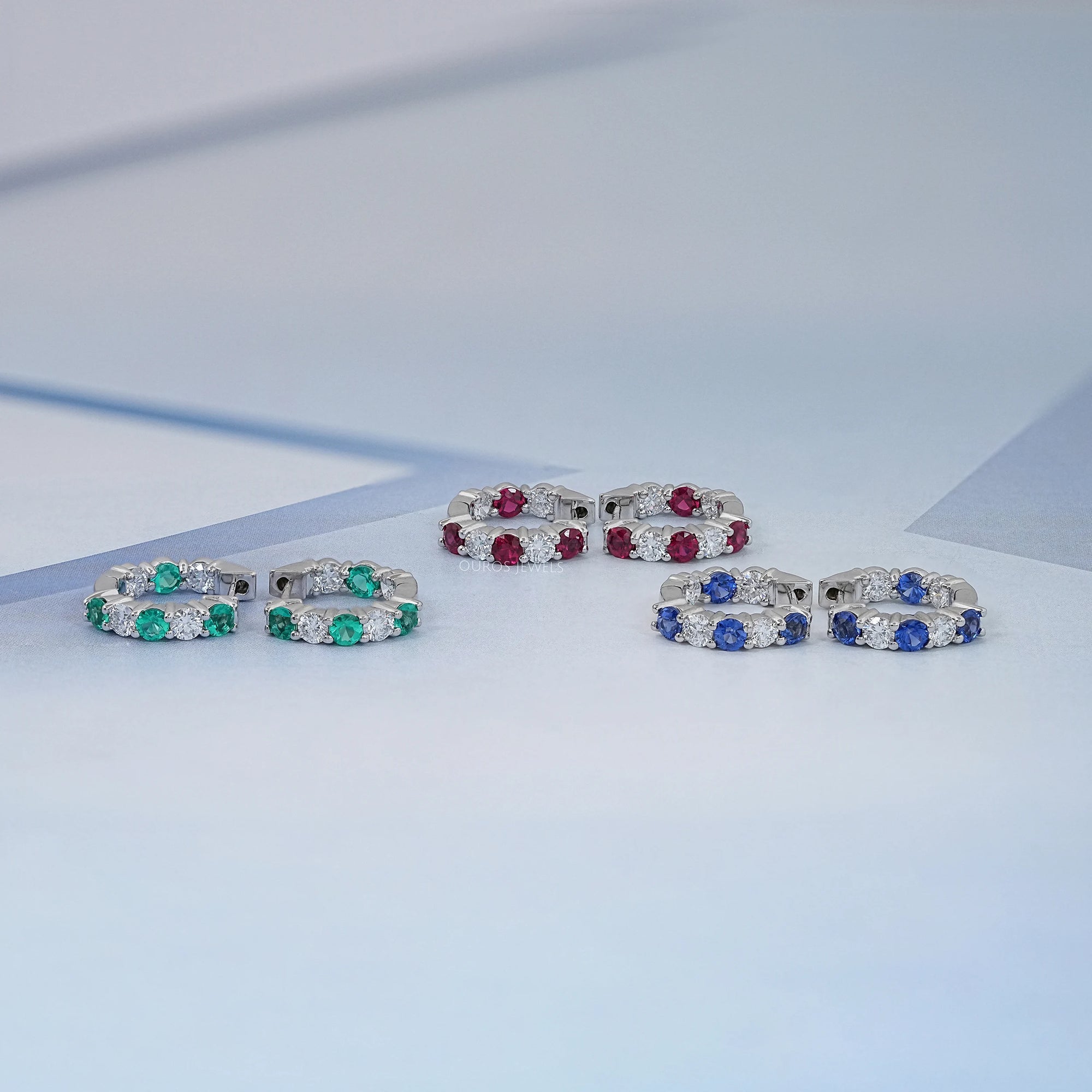 Multi Gemstone And Round Diamond In-Out Hoop Earrings