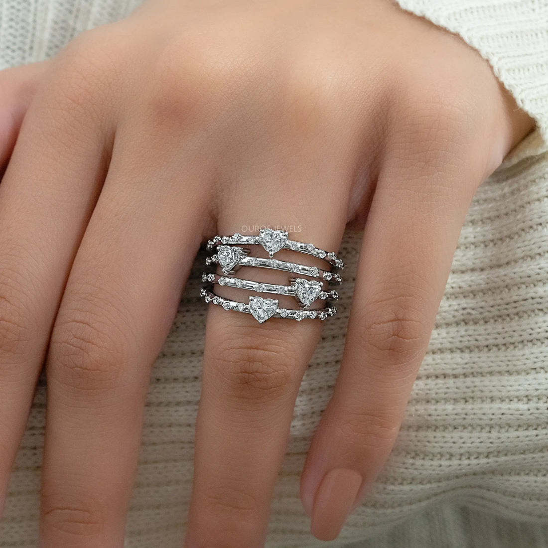Multi Row Heart Diamond Anniversary Ring Ring