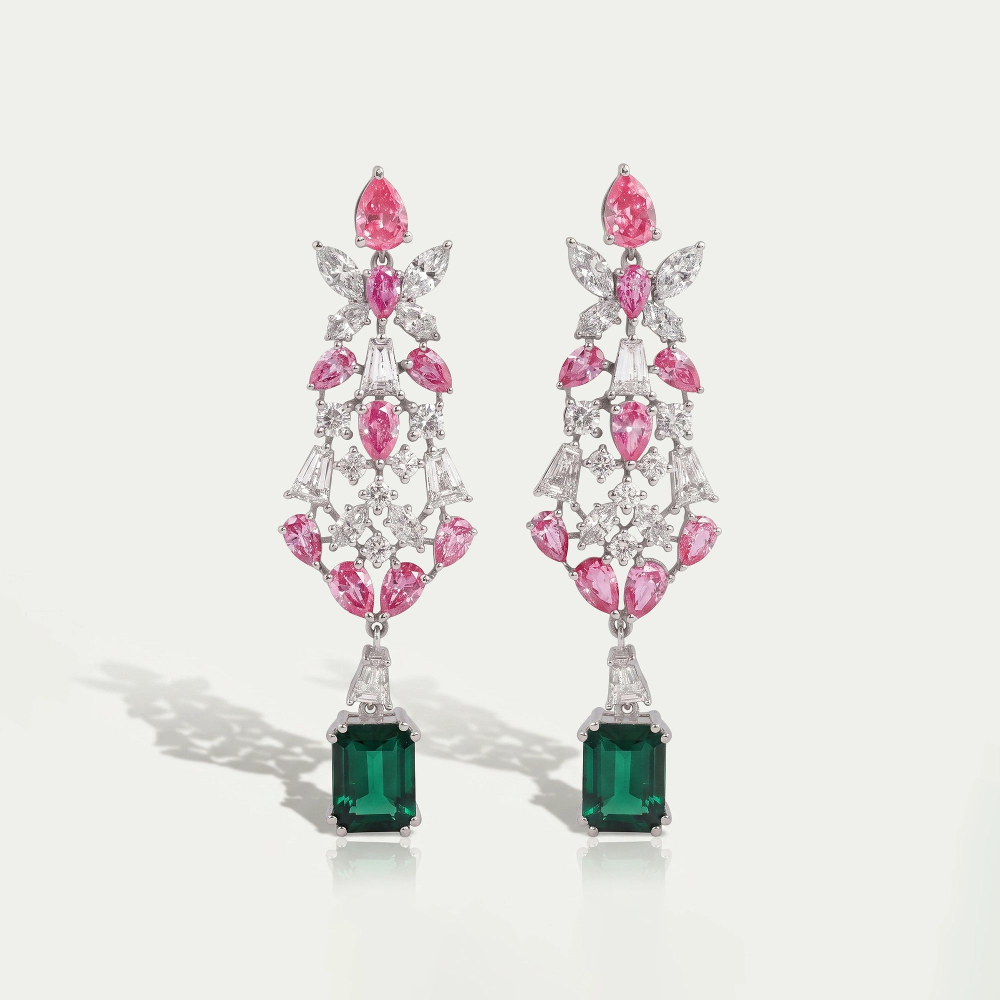 Multi Shape Lab Green Gemstone Cluster Diamond Dangle Earring