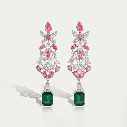 Multi Shape Lab Green Gemstone Cluster Diamond Dangle Earring