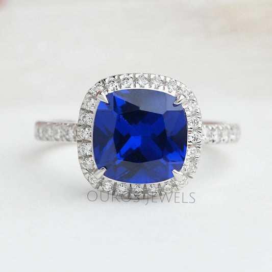Blue Cushion Cut Halo Diamond Engagement Ring