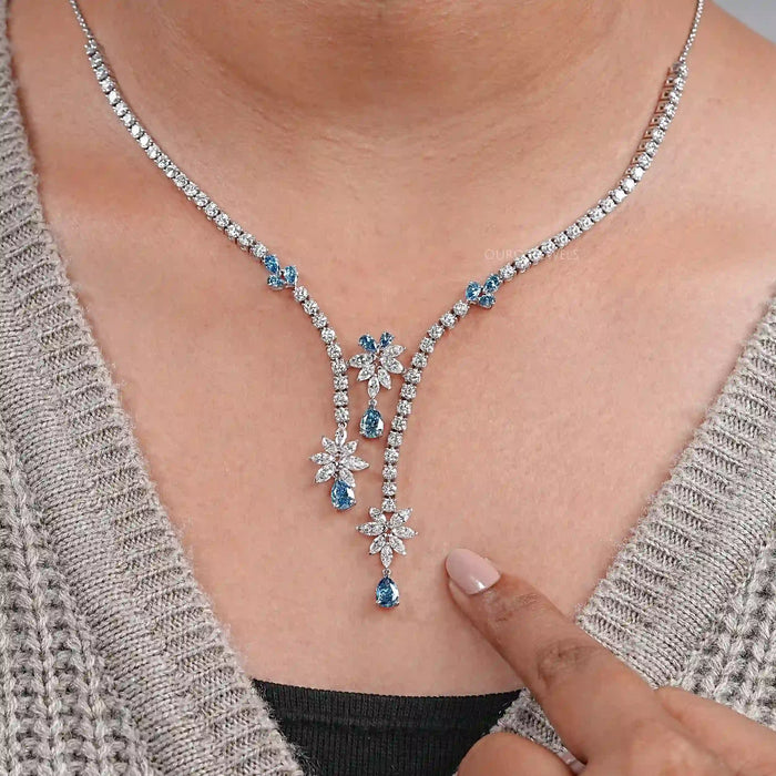 Lab Diamond And Blue Pear Diamond Cluster Necklace