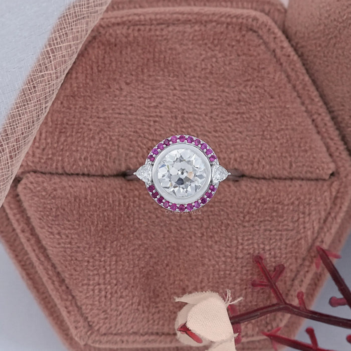 Bezel OEC Round Cut And Pink Sapphire Halo Engagement Ring