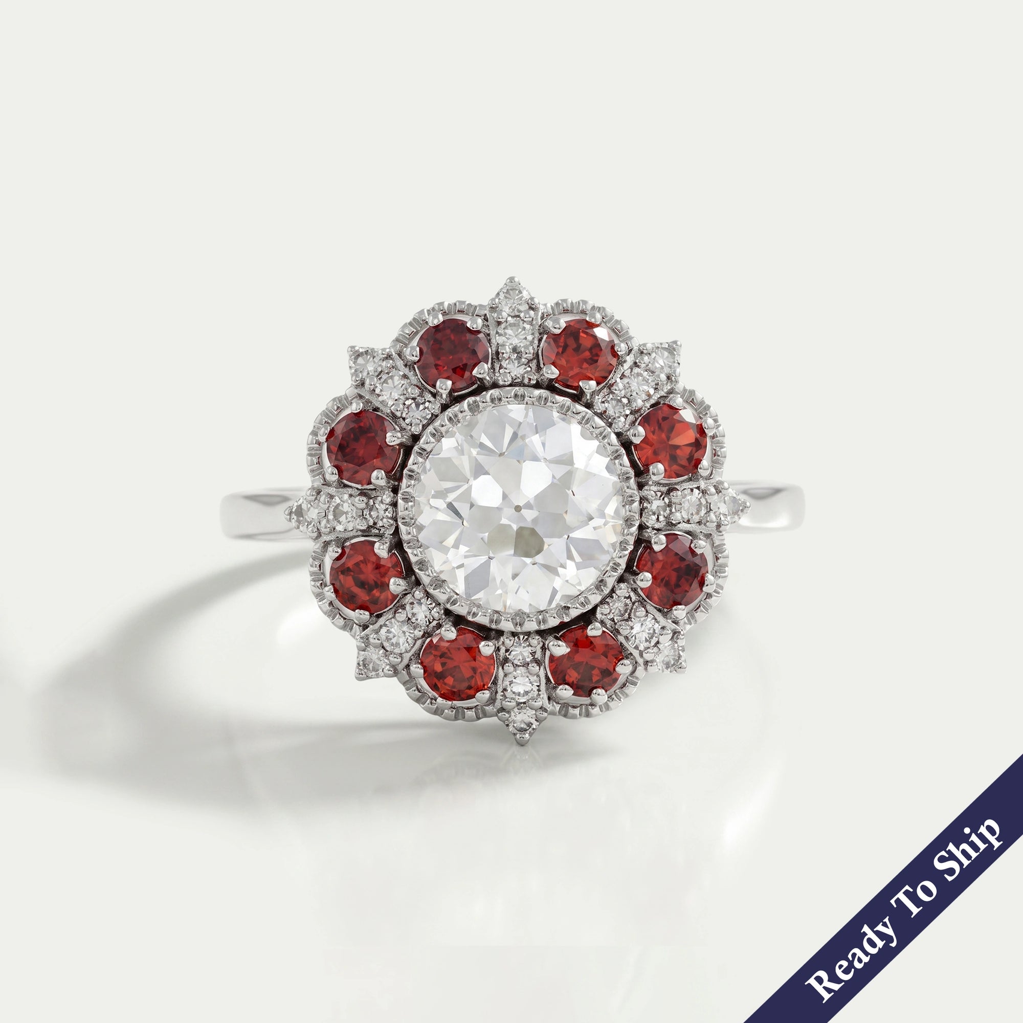 OEC Round Lab Diamond And Ruby Gemstone Halo Ring Rings