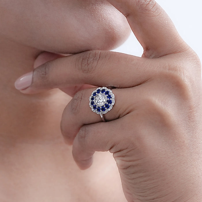 Old European Round Cut Sapphire Halo Engagement Ring