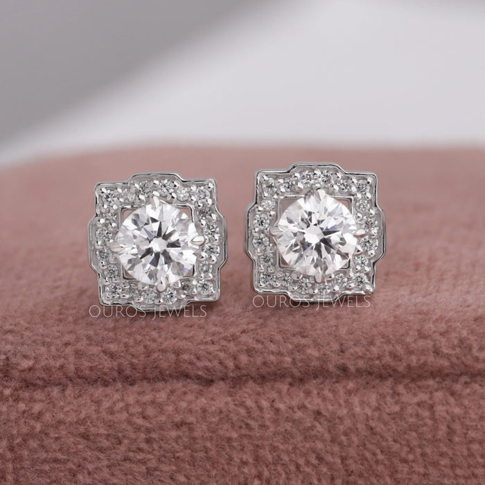 front view of round cut diamond square halo stud earrings white gold