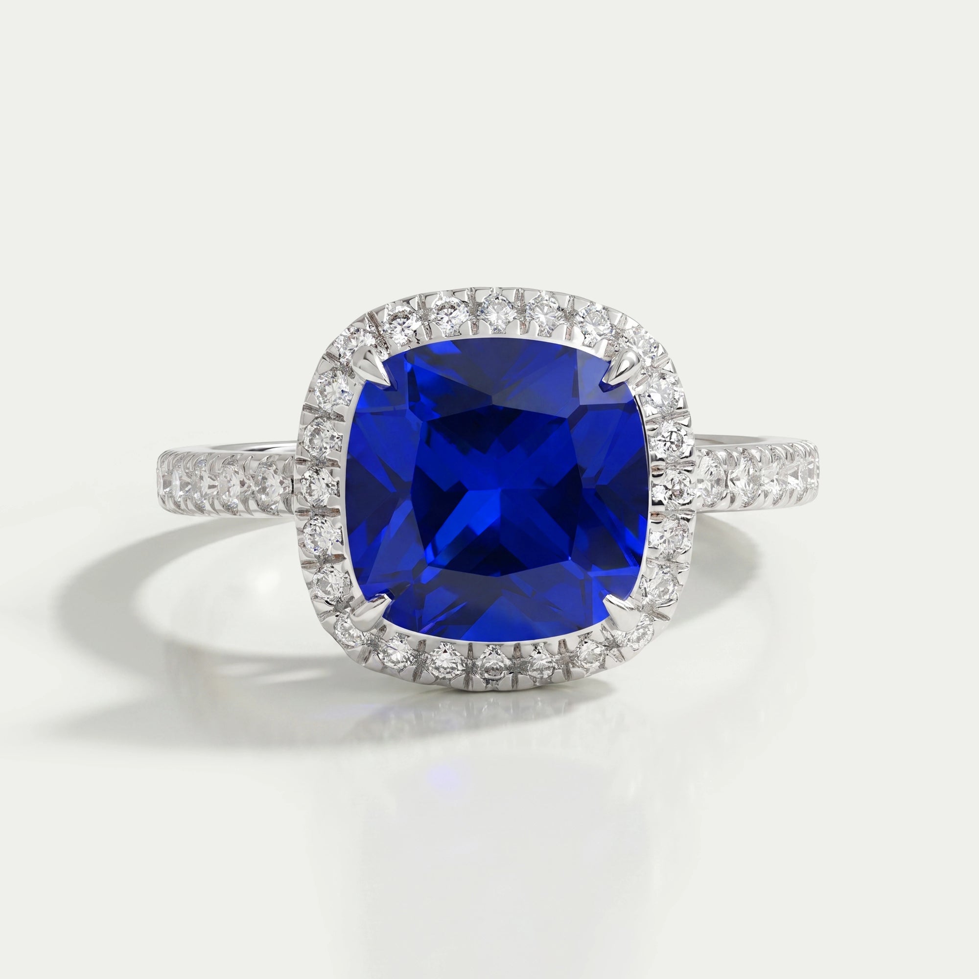 Blue Cushion Cut Halo Diamond Engagement Ring