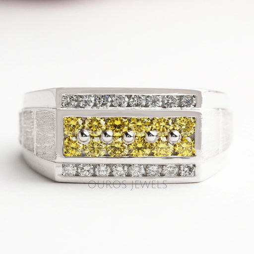 front view of yellow round-cut lab-grown colored diamond men's wedding band