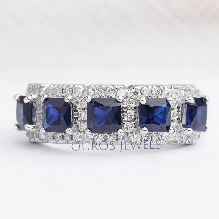 Five Stone Blue Asscher Cut Gemstone Halo Diamond Ring