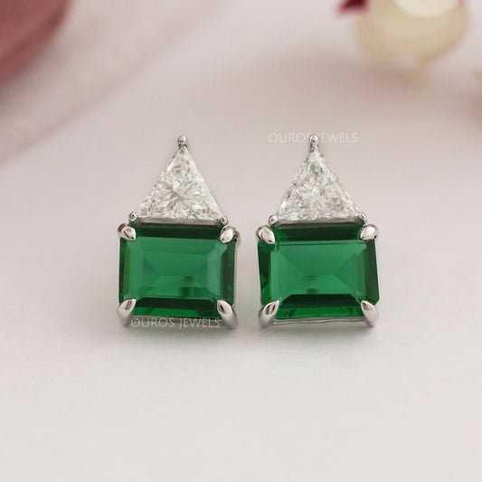 Emerald Green Gemstone and Triangle Diamond Stud Earrings Earring
