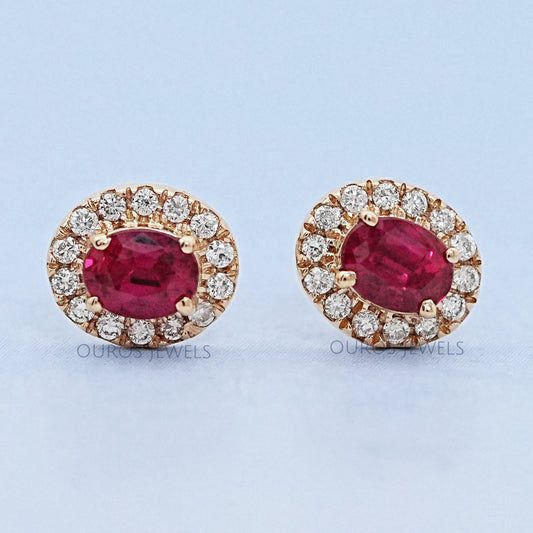 Ruby Oval Gemstone Halo Set Stud Earring Earring