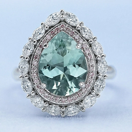 Aquamarine Pear Gemstone Double Halo Engagement Ring