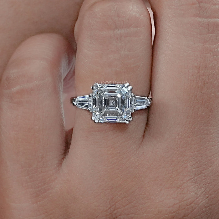 Asscher Diamond Three Stone Engagement Ring 