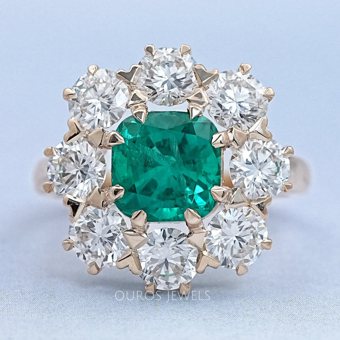 Emerald Square Cushion Round Halo Floral Engagement Ring 