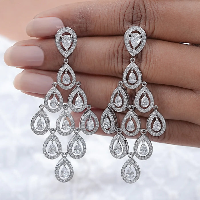 Pear Diamond Halo Set Dangle Chandelier Earrings 