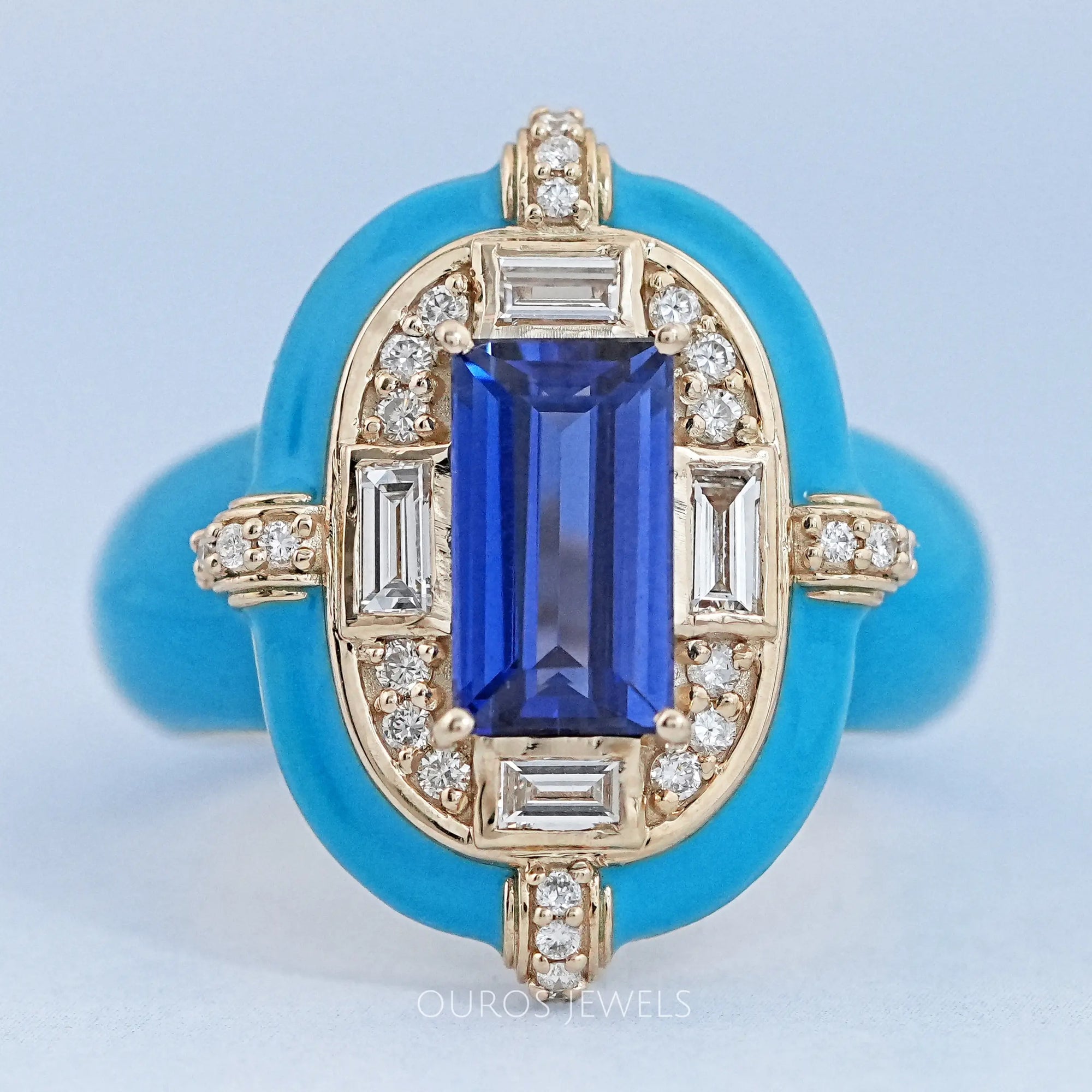 Sapphire Baguette With Enamel Cocktail Ring Blue Gemstone Rings