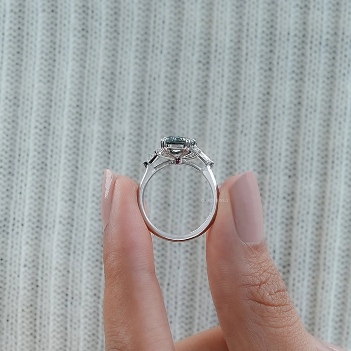 Fancy Green Scissors Cut Three Stone Engagement Ring