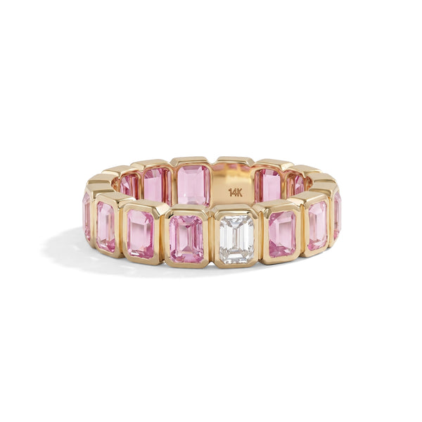 Sapphire Pink Emerald Cut Bezel Set Eternity Wedding Band