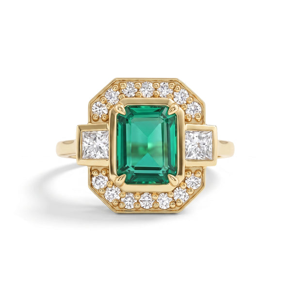 Three Stone Emerald Gemstone Halo Ring
