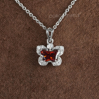 Daily Wear Red Butterfly Cut Lab Diamond Halo Pendant