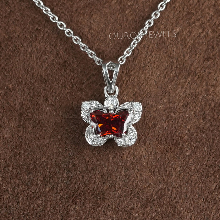 Daily Wear Red Butterfly Cut Lab Diamond Halo Pendant