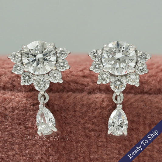 Round Cut Half Halo Drop Earrings