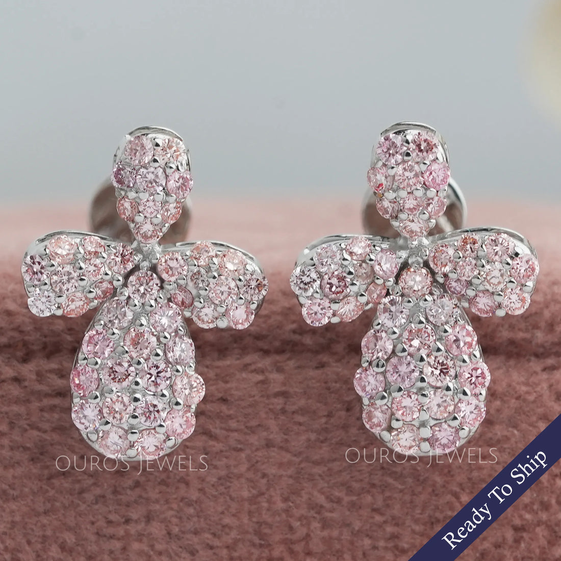 Floral Shape Pink Round Cut Push Back Stud Earrings