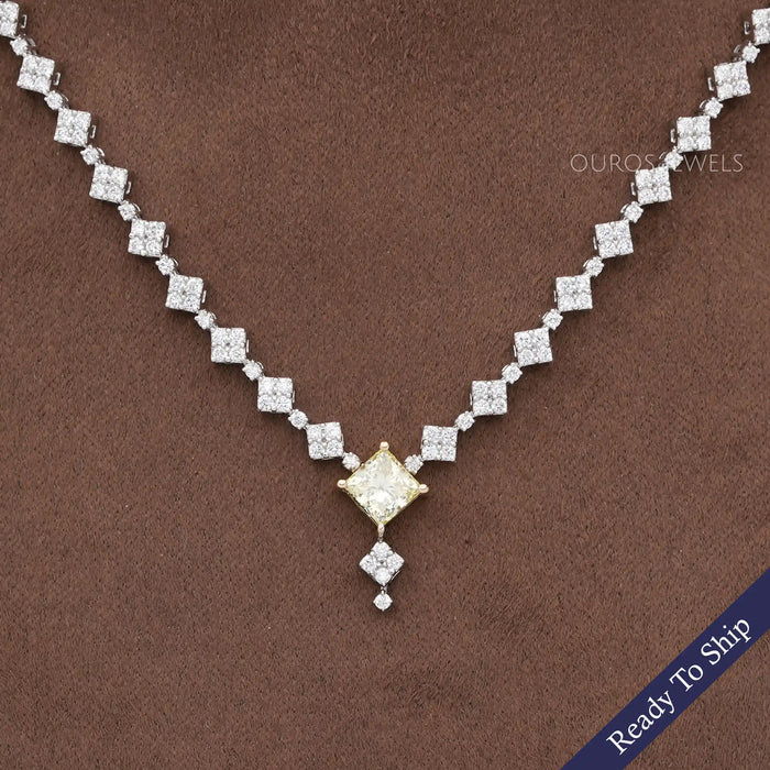 Princess And Round Cut Cluster Diamond Necklace Set