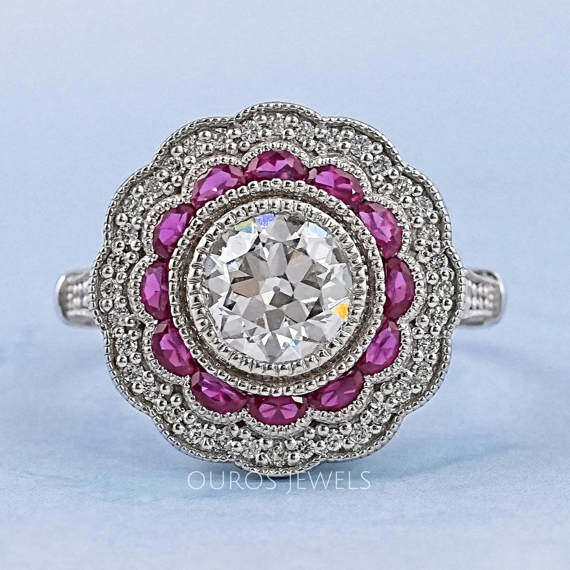 Old European Round Cut & Pink Halo Half Moon Gemstone Ring Rings