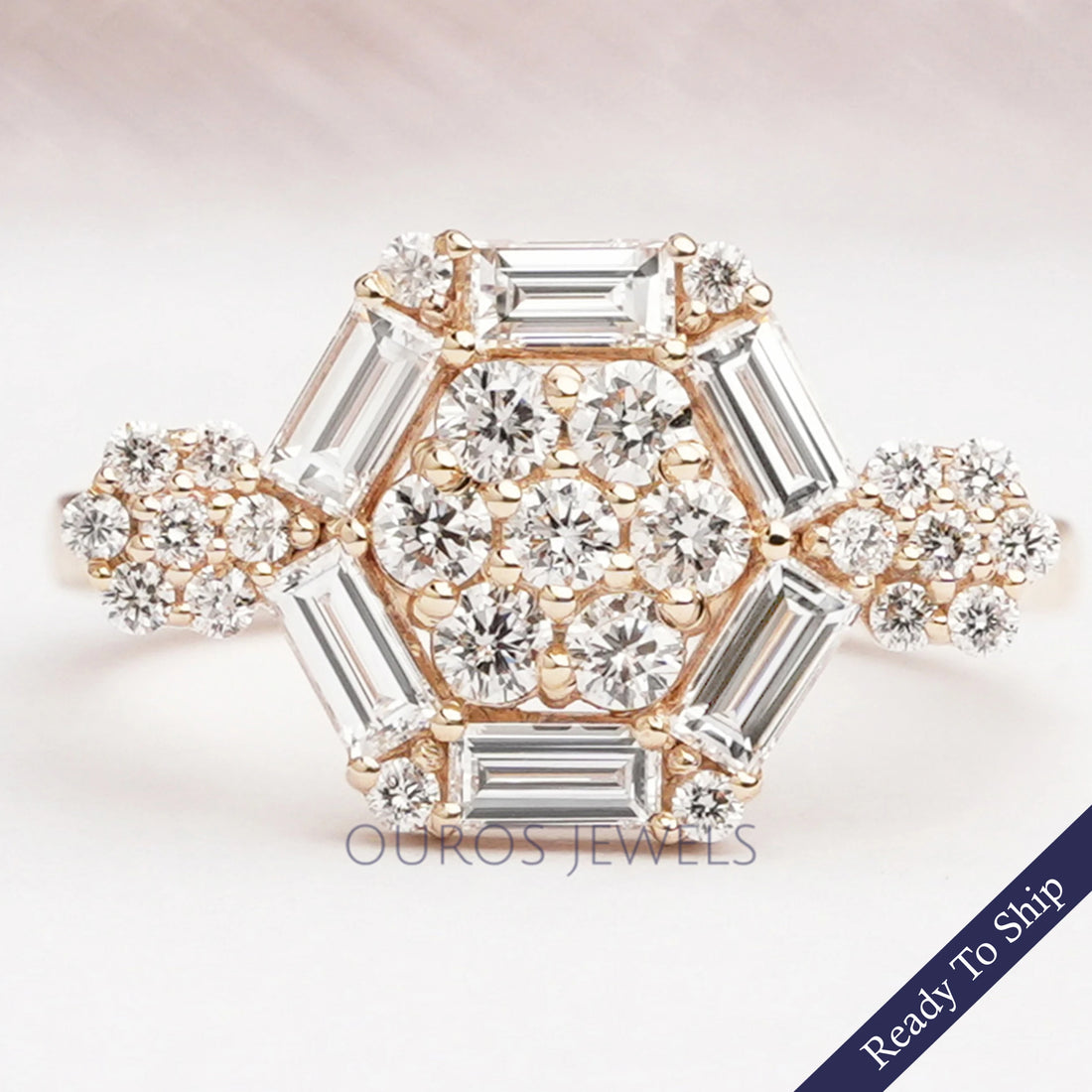 Octagon Shape Baguette Cut Halo Yellow Gold Engagement Ring