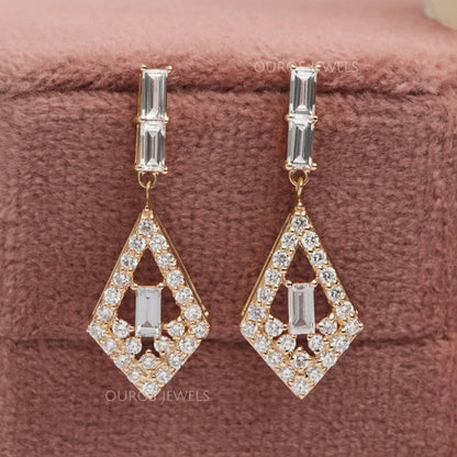 Baguette Cut & Round Halo Lab Grown Diamond Drop Earrings