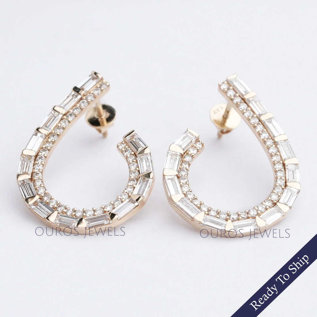 Baguette And Round Cut Screw Back Earrings