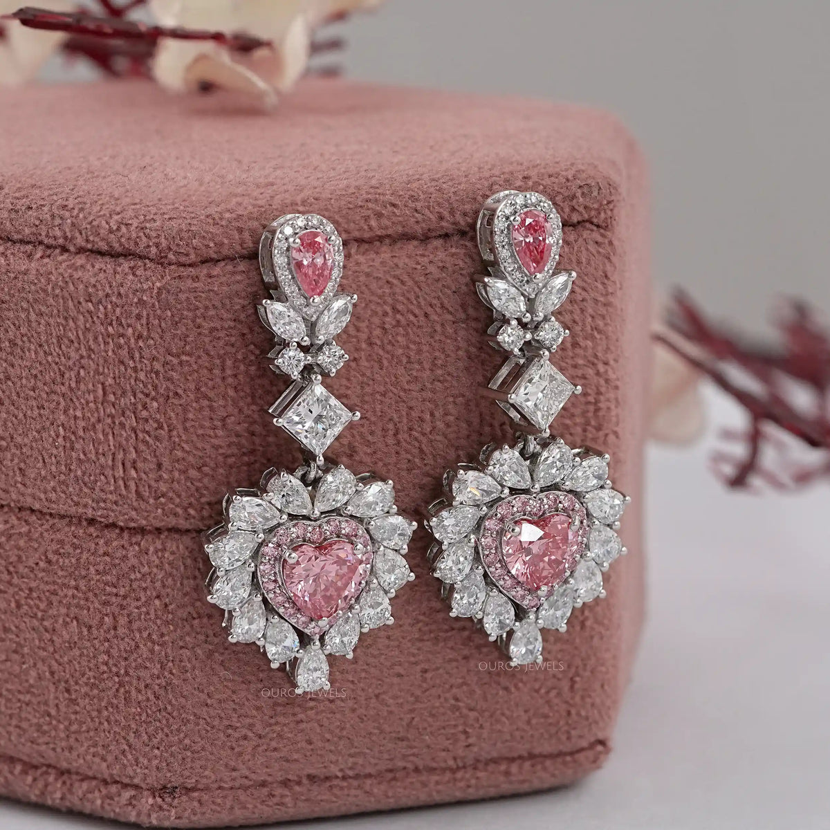 Pink Heart Lab Diamond Double Halo Drop Earrings Earrings