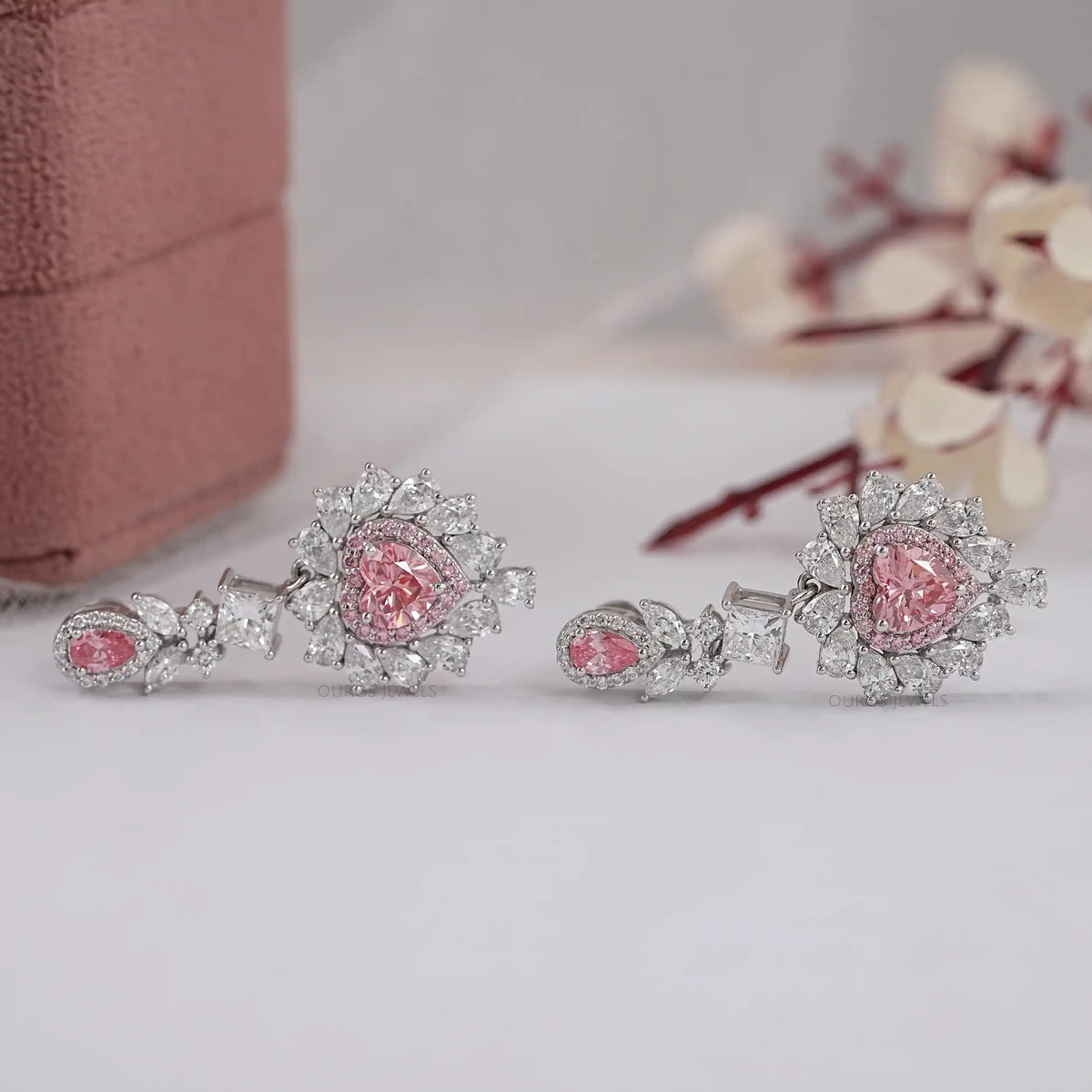 Pink Heart Lab Diamond Double Halo Drop Earrings Earrings